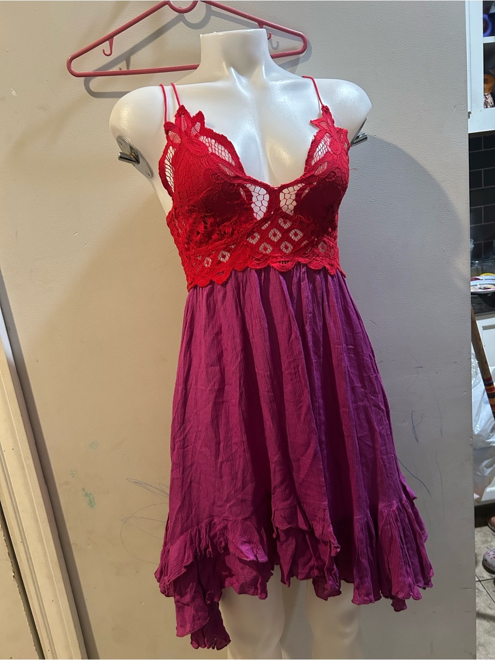 Free People Red Lace Bodice Pink Purple Slip Dress